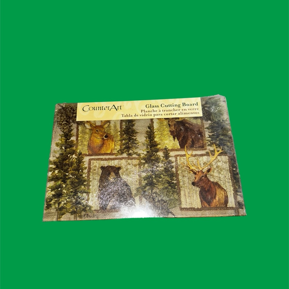 Tempered Glass Cutting Board Counter Art Forest Trails New! 12” x 8” Cabin Deer